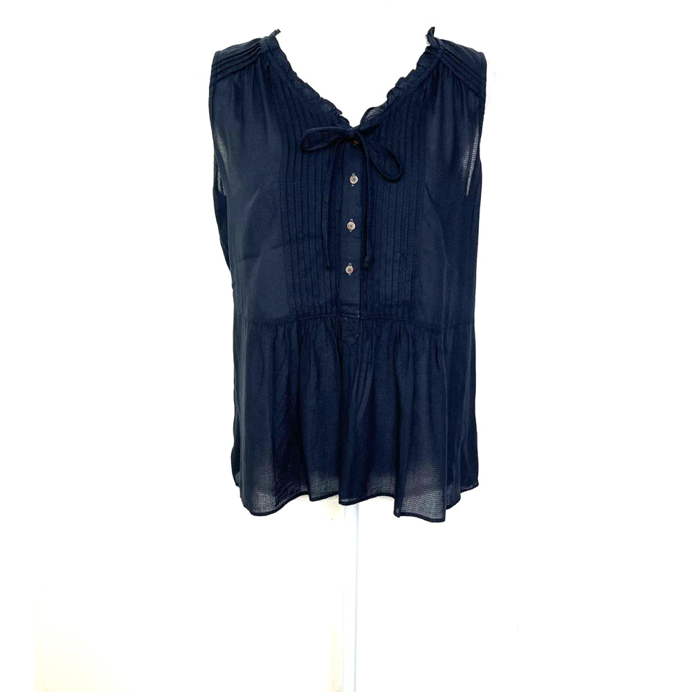 HOLDING HORSES Sleeveless Top 6 Black Sheer Button Tie Front W/Neckwear Ribbed